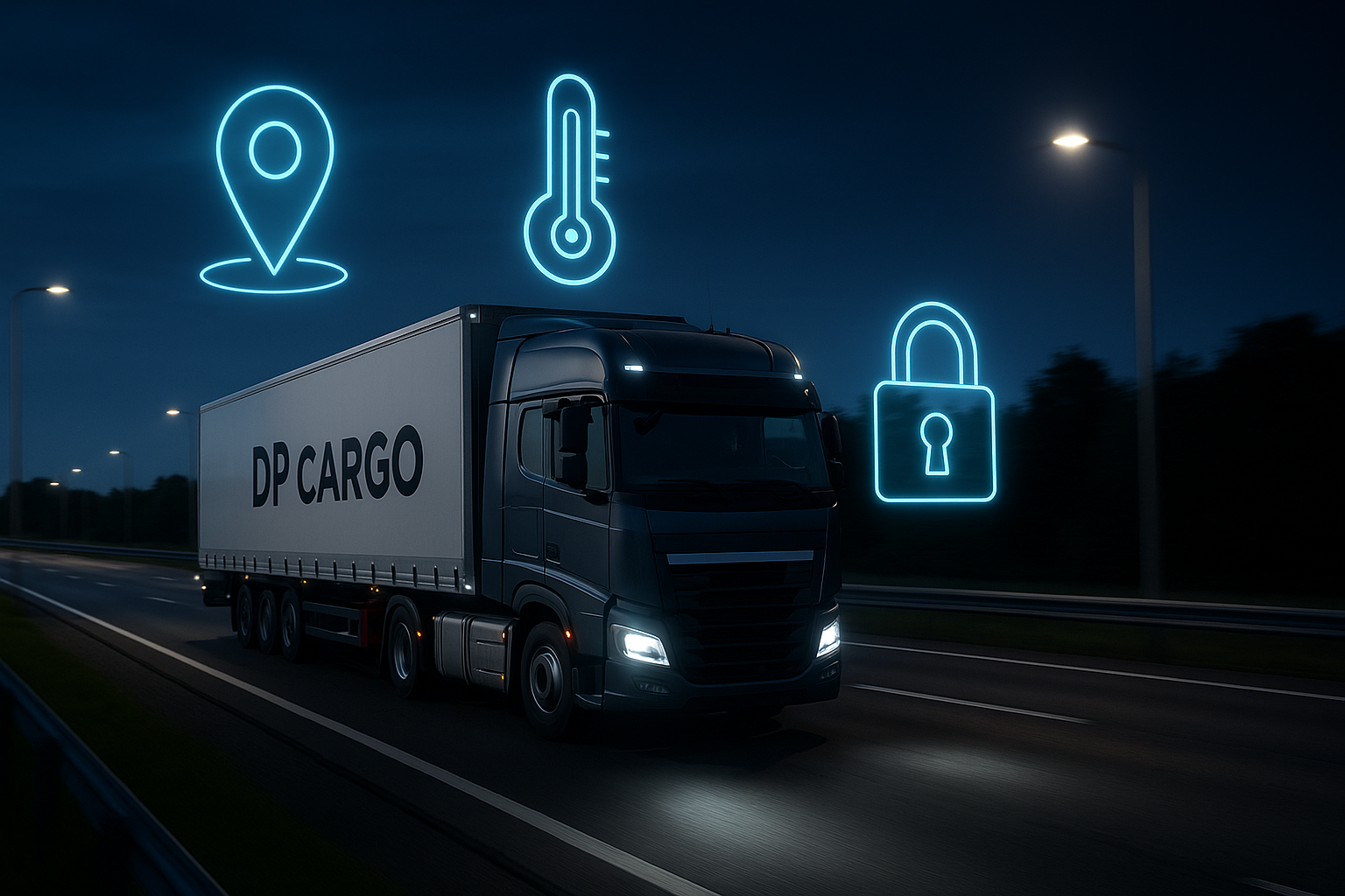 Ciężarówka DP Cargo z ikonami GPS i bezpieczeństwa podczas przewozu dóbr wysokiej wartości