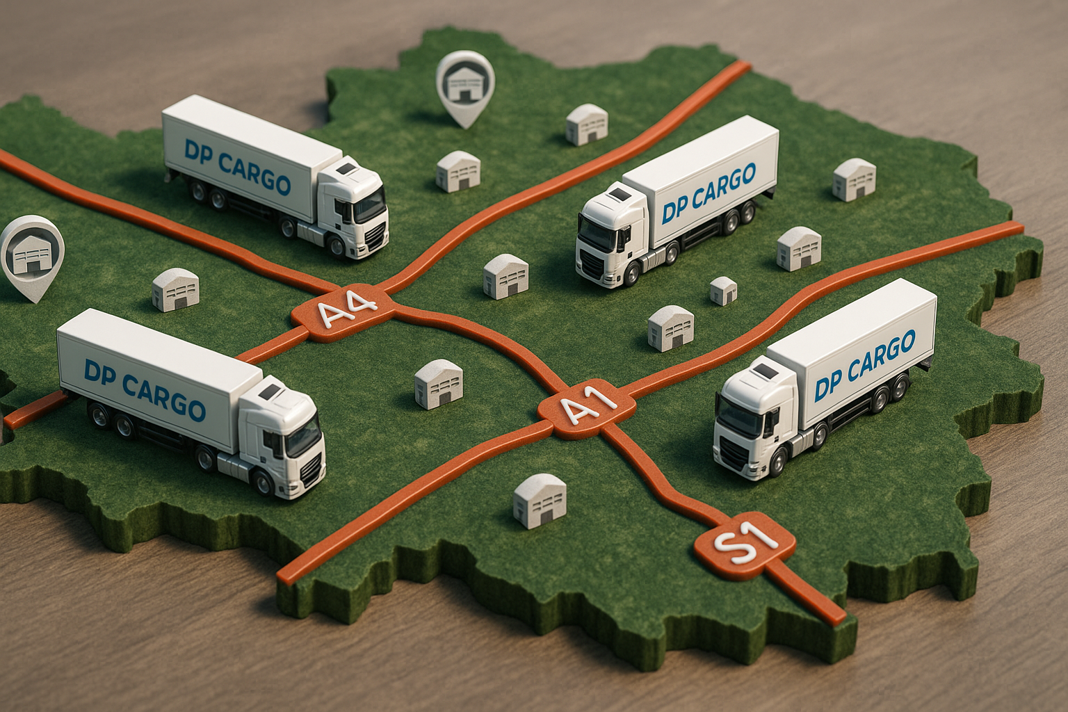 Mapa Śląska z ciężarówkami chłodniczymi i hubami dystrybucji DP Cargo
