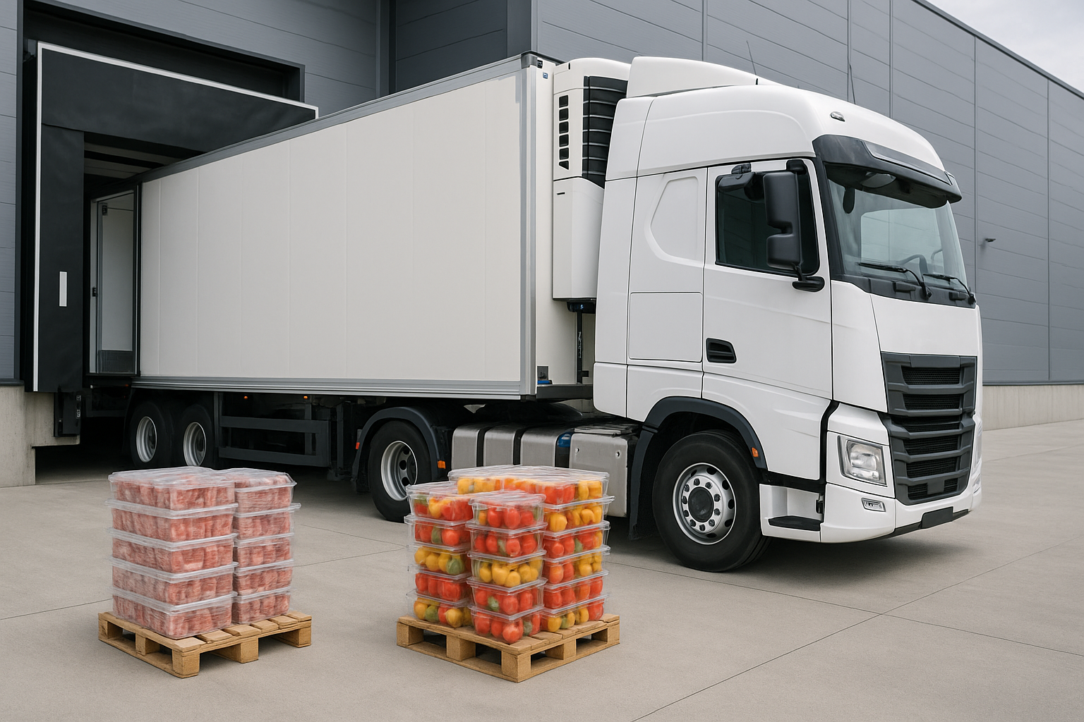 Nowoczesna flota chłodnicza podczas załadunku żywności w centrum logistycznym